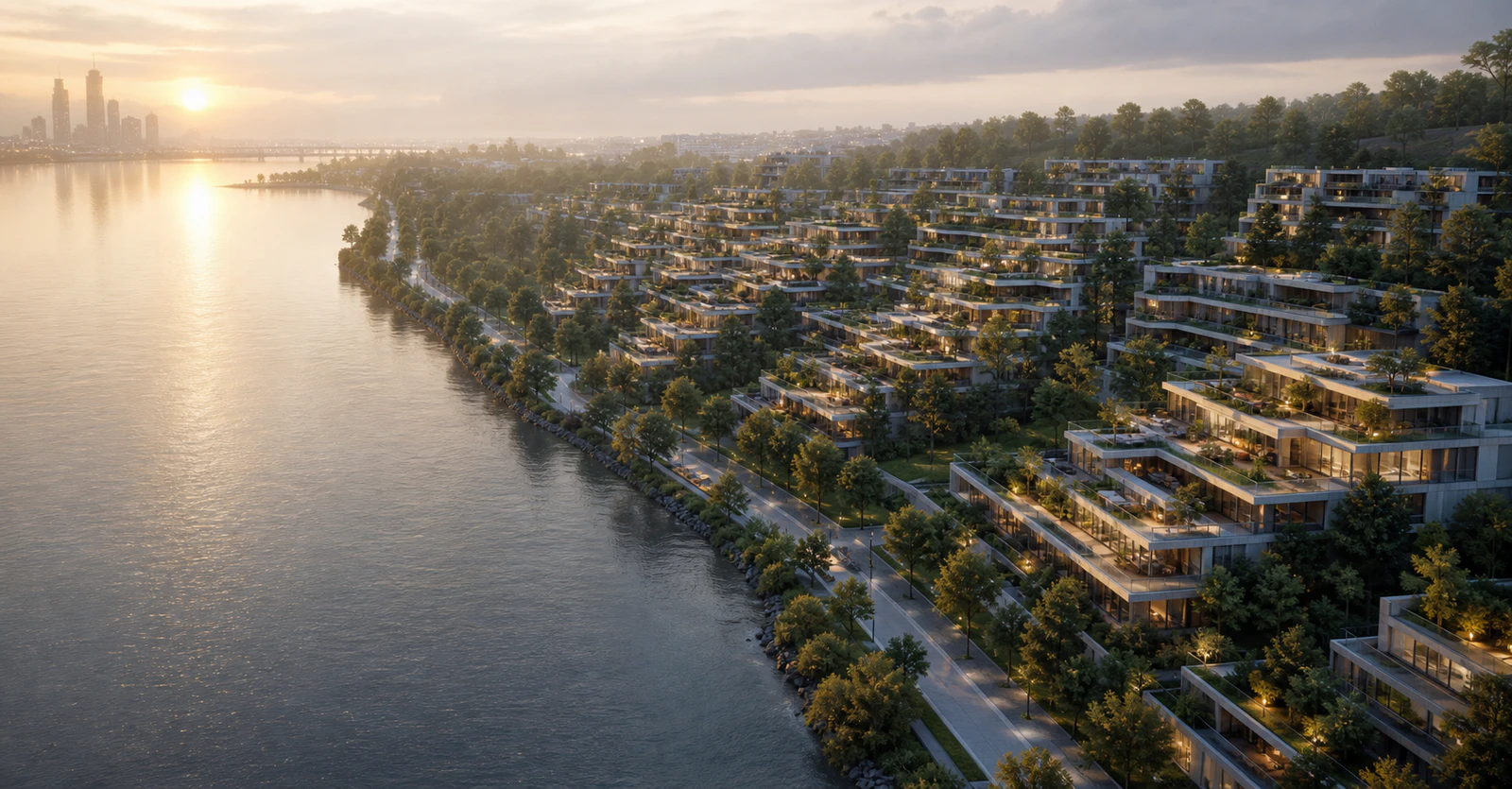 Aerial view of a riverside residential district
