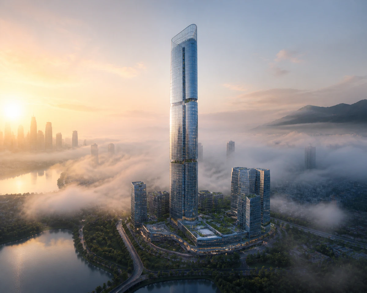 Aerial view of the tower in dawn haze
